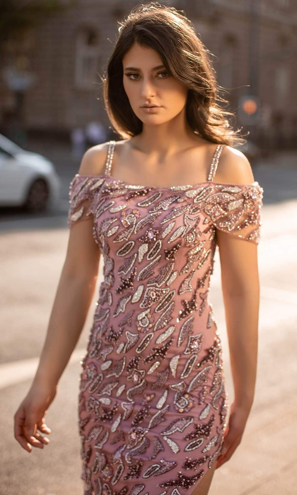 Chic and Holland - HF1553 Beaded Off Shoulder High Slit Dress - detail view