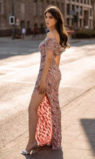 Chic and Holland - HF1553 Beaded Off Shoulder High Slit Dress - back view