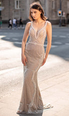 Chic and Holland - HF1556 Beaded Strap V-Neck Junior Prom Long Dress - Silhouette Dresses