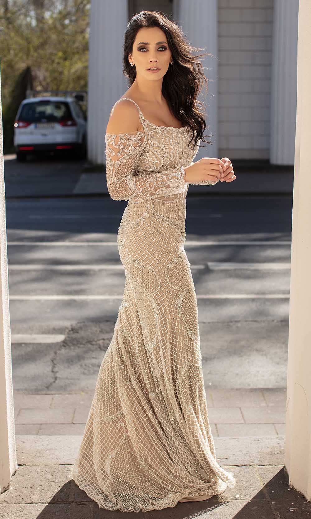 Chic and Holland - HF1568 Cold Shoulder Long Sleeves Dress - back view