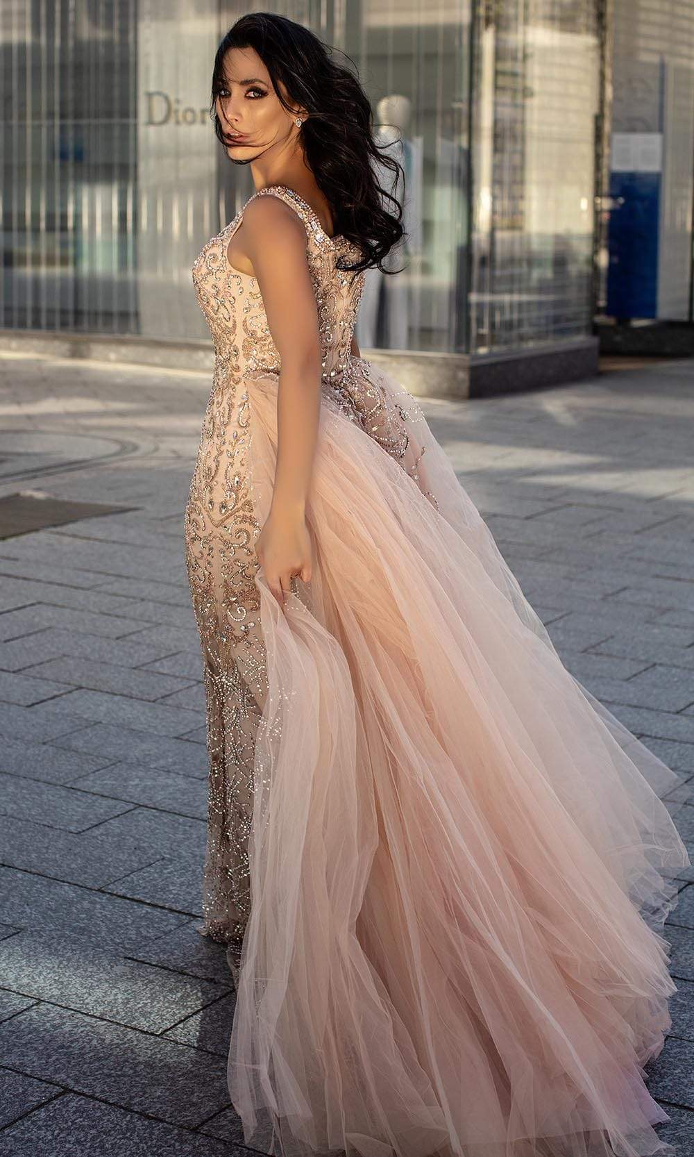 Chic and Holland - HF1576 Embellished Sheath Dress with Overskirt - back view