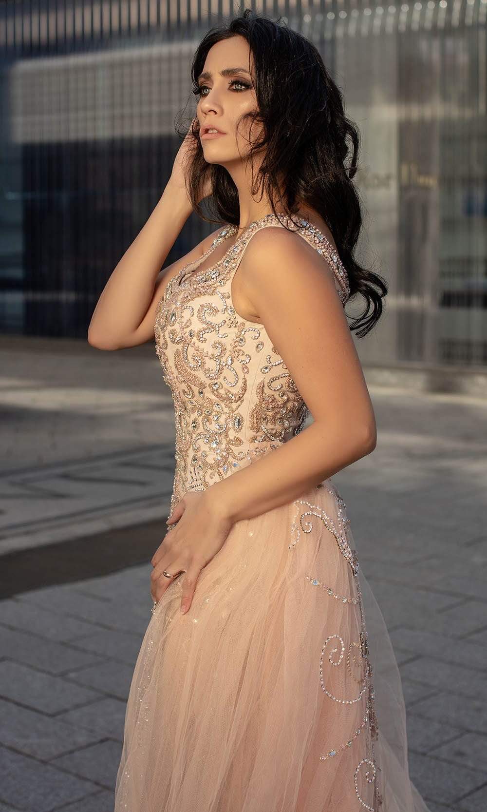 Chic and Holland - HF1576 Embellished Sheath Dress with Overskirt - detail view