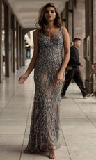 Chic and Holland - HF1587 Plunging V Neck Sequined Sheath Dress - Silhouette Dresses