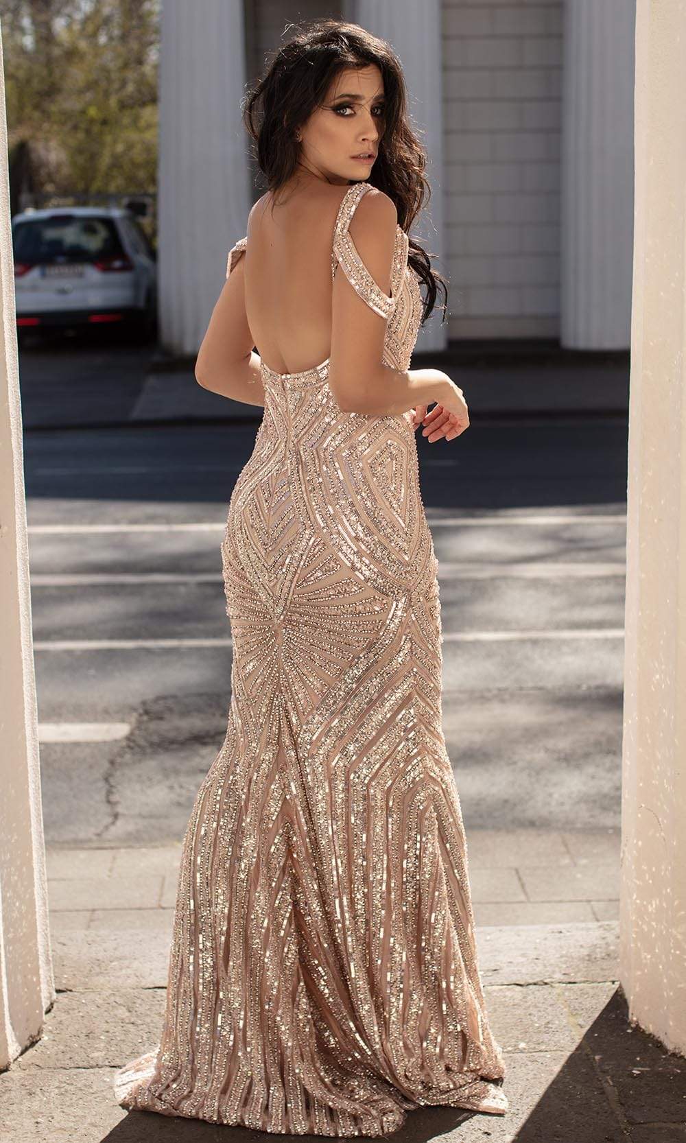 Chic and Holland - HF1588 Cold Shoulder Sequined Trumpet Gown - back view