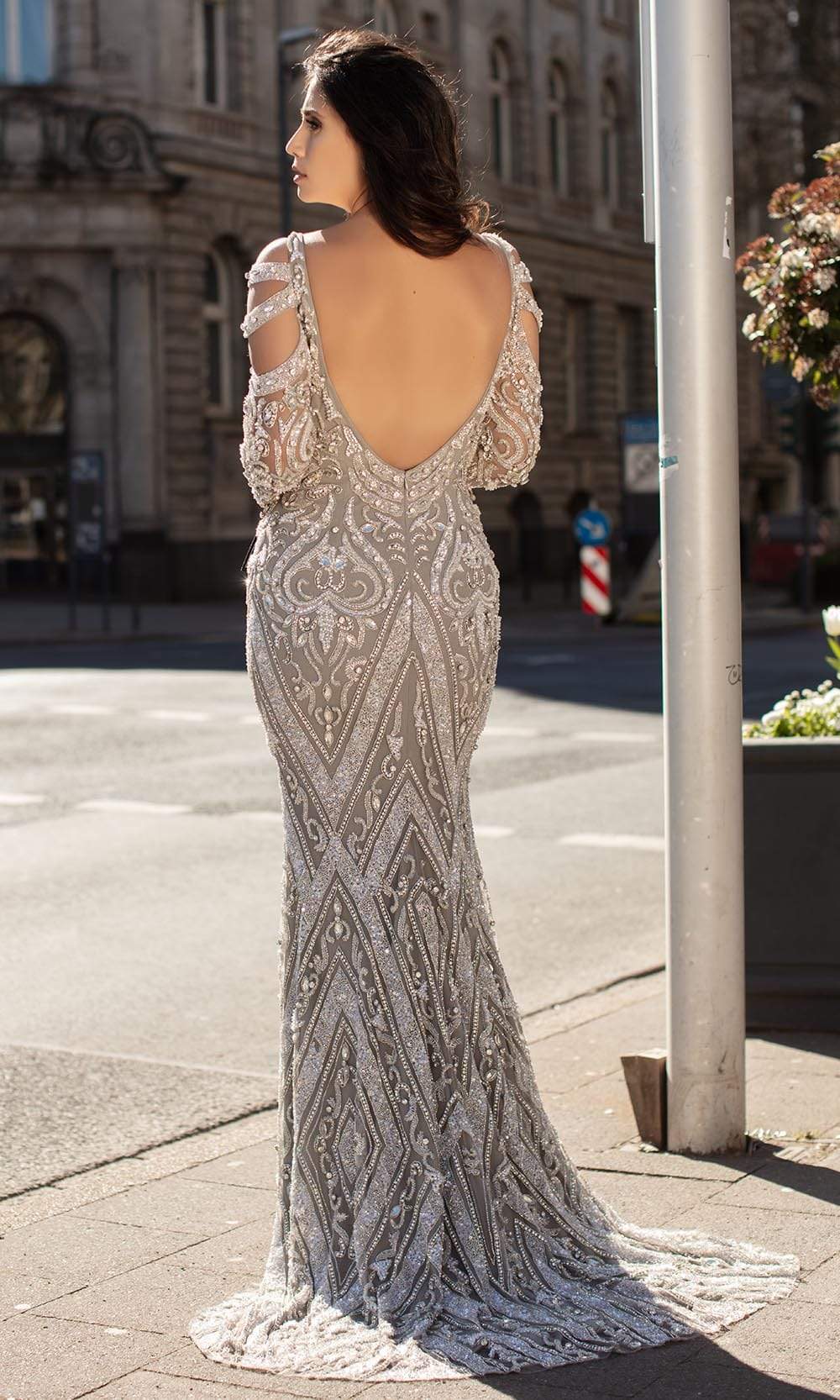 Chic and Holland - HF1597 Cutout Long Sleeves Sequined Dress - back view