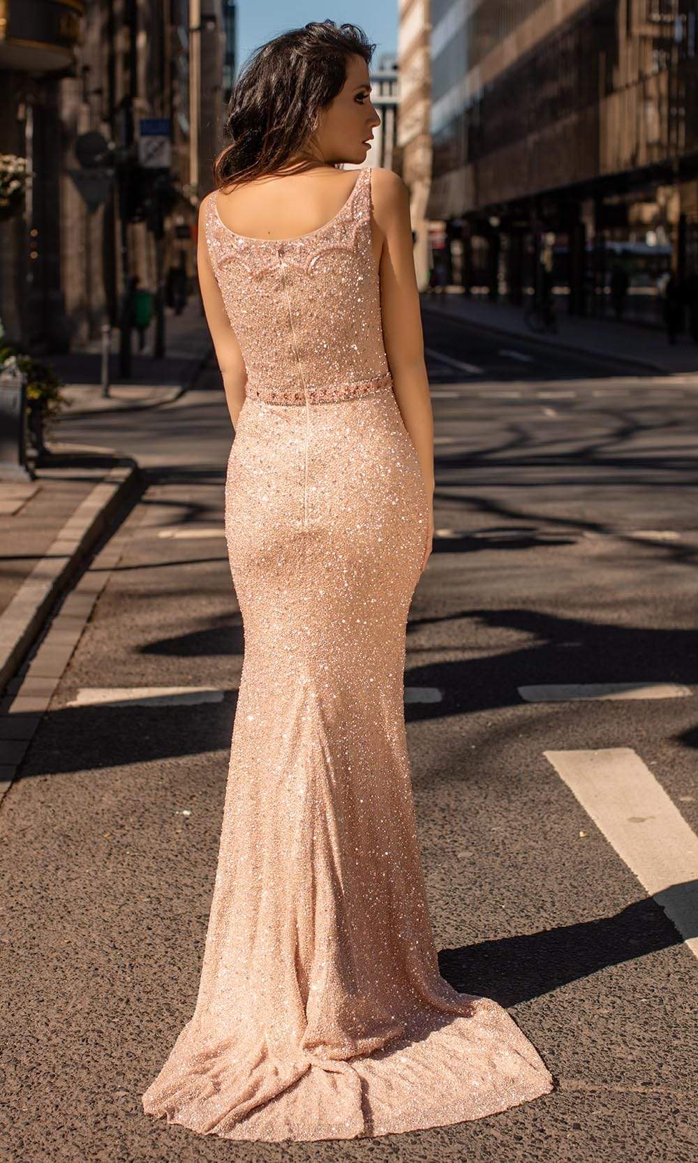 Chic and Holland - HF1606 V Neck Bugle Beaded Dress - back view
