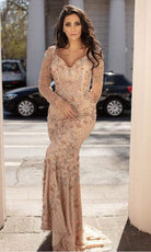 Chic and Holland - HF1607 V Neck Long Sleeve Beaded Gown - Silhouette Dresses