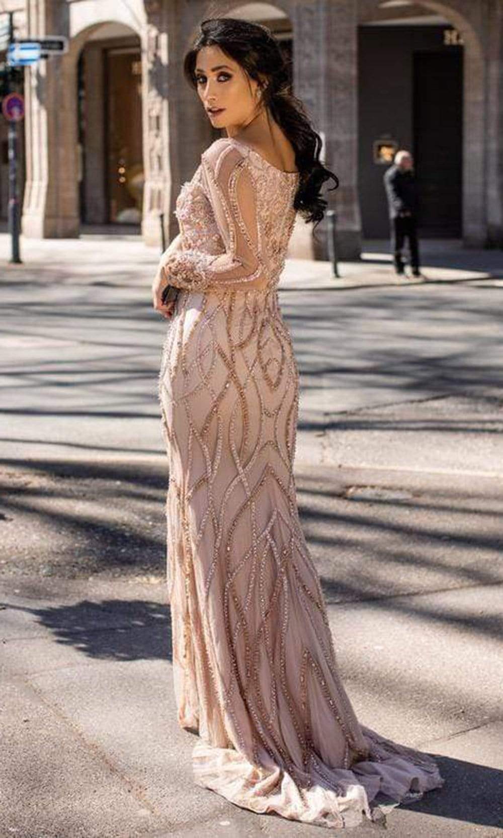 Chic and Holland - HF1610 Sheer Long Sleeve Beaded Dress - back view