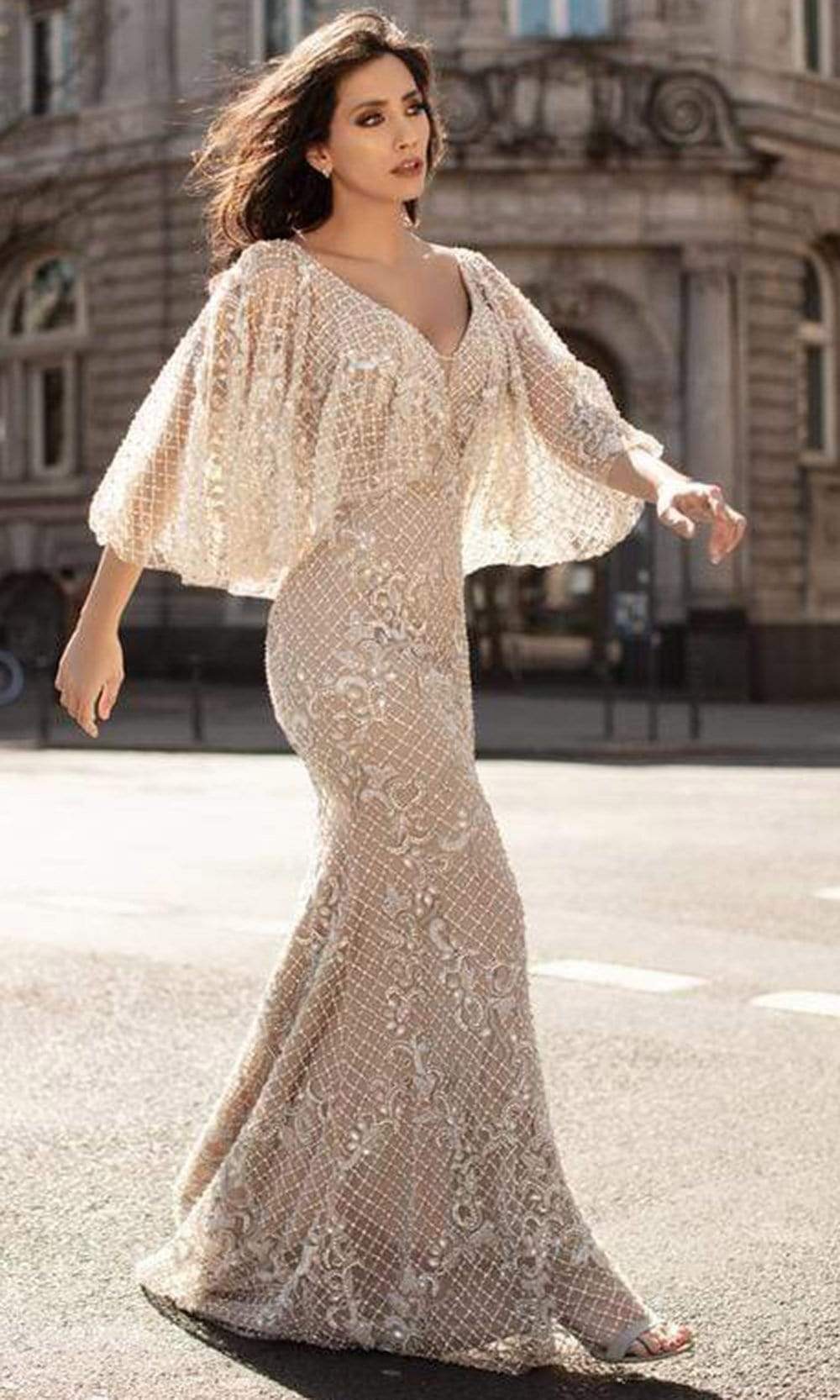 Chic and Holland - HF1611 Bell Sleeve Lattice Trumpet Gown - Silhouette Dresses