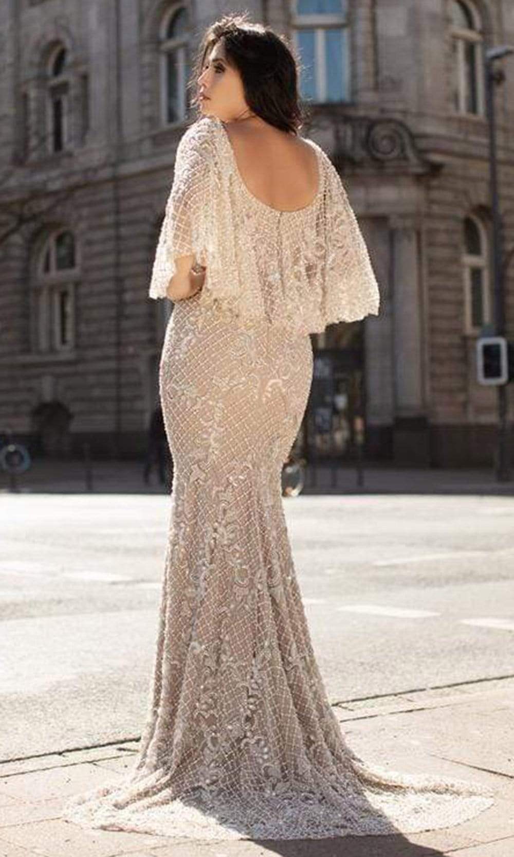 Chic and Holland - HF1611 Bell Sleeve Lattice Trumpet Gown - back view