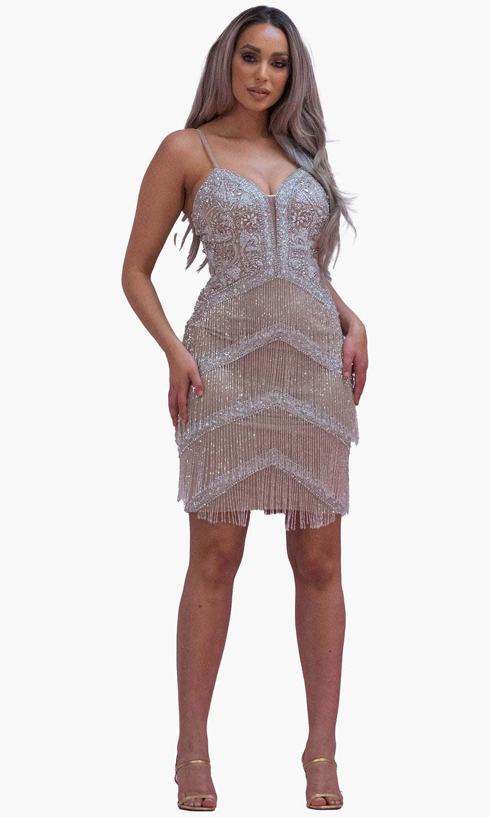Chic and Holland SD1831 - Beaded Fringed Cocktail Dress - Silhouette Dresses