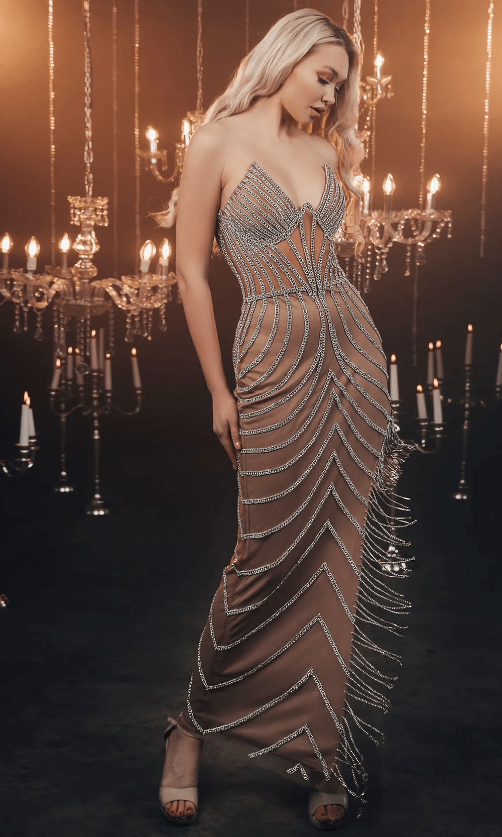 Chic and Holland ZRH440014 - Strapless Bead Fringed Gown - Silhouette Dresses
