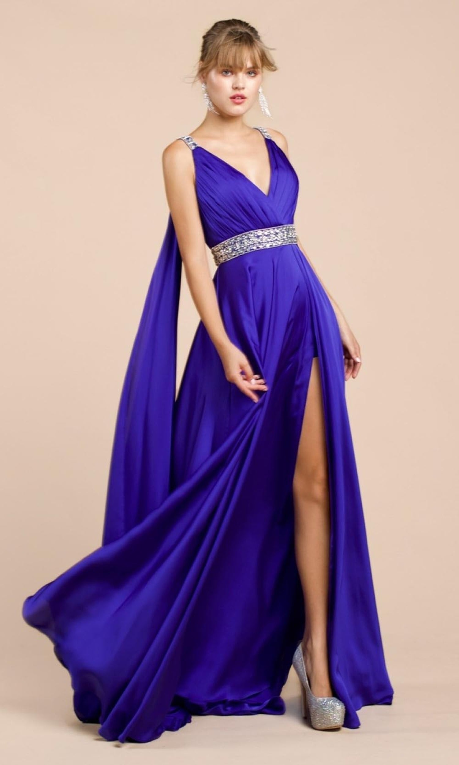 Cinderella Divine - A0065 Satin High Slit Caped Evening Gown