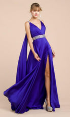 Cinderella Divine - A0065 Satin High Slit Caped Evening Gown