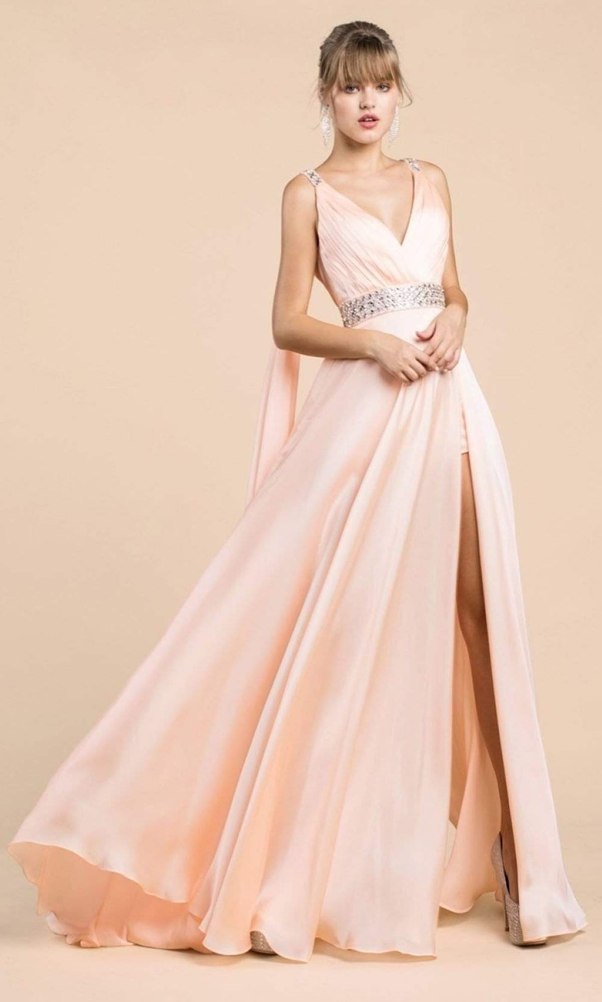 Cinderella Divine - A0065 Satin High Slit Caped Evening Gown