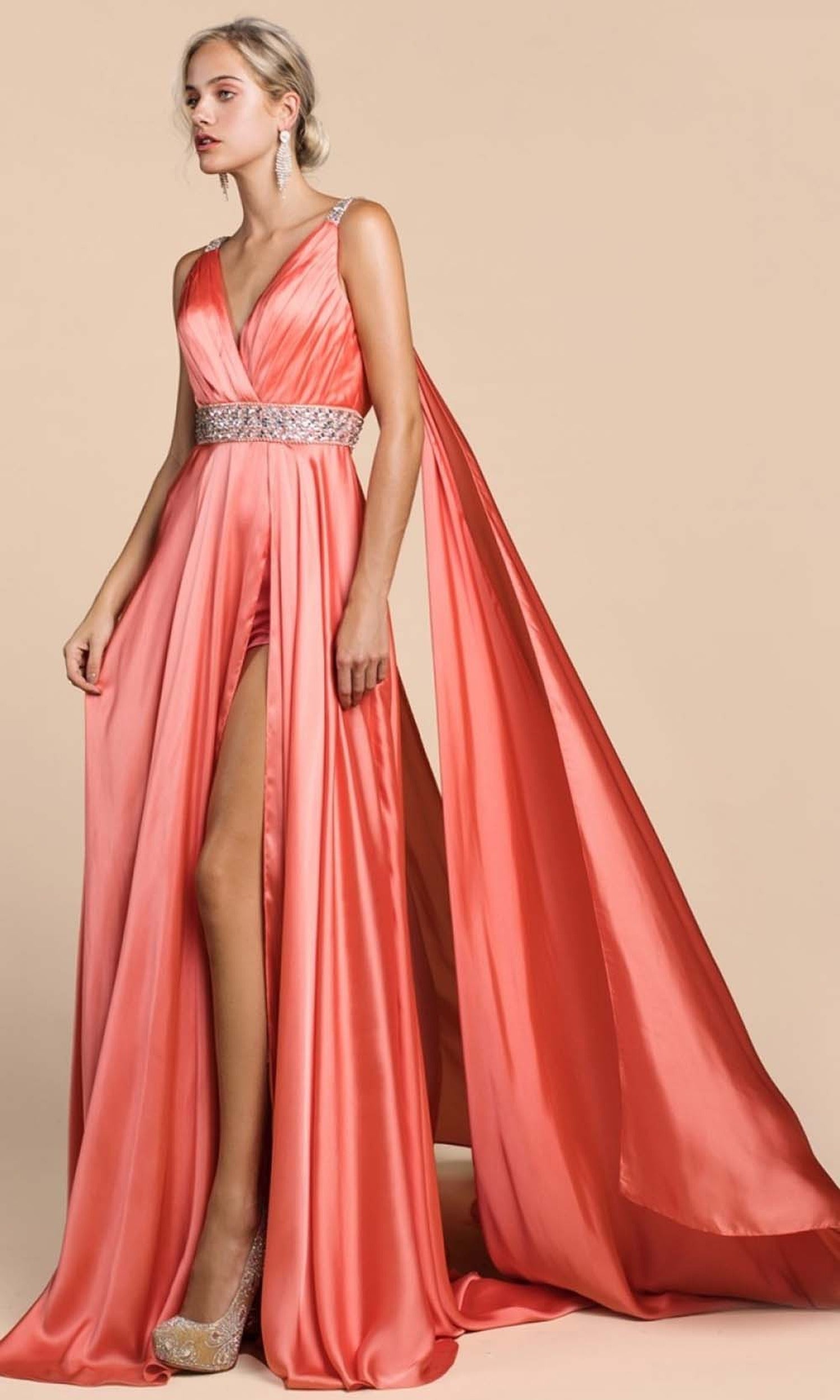 Cinderella Divine - A0065 Satin High Slit Caped Evening Gown
