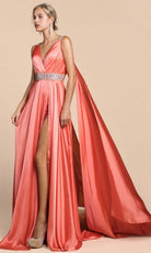 Cinderella Divine - A0065 Satin High Slit Caped Evening Gown