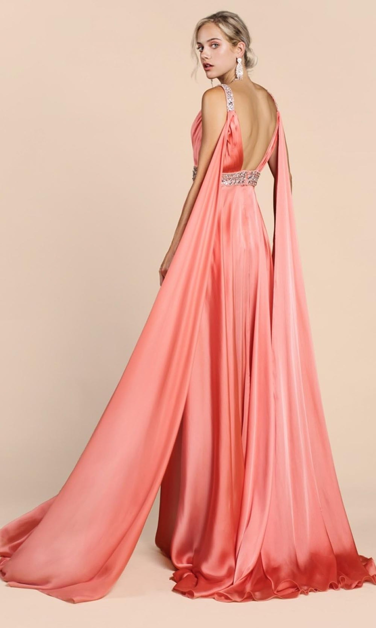 Cinderella Divine - A0065 Satin High Slit Caped Evening Gown