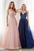 Cinderella Divine - CD0154 Plunging Beaded Appliqued Tulle Dress