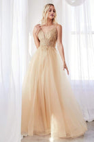 Cinderella Divine - CD0154 Plunging Beaded Appliqued Tulle Dress