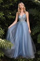 Cinderella Divine - CD0154 Plunging Beaded Appliqued Tulle Dress