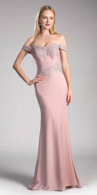Cinderella Divine - CF158 Off Shoulder Stretch Crepe Satin Gown