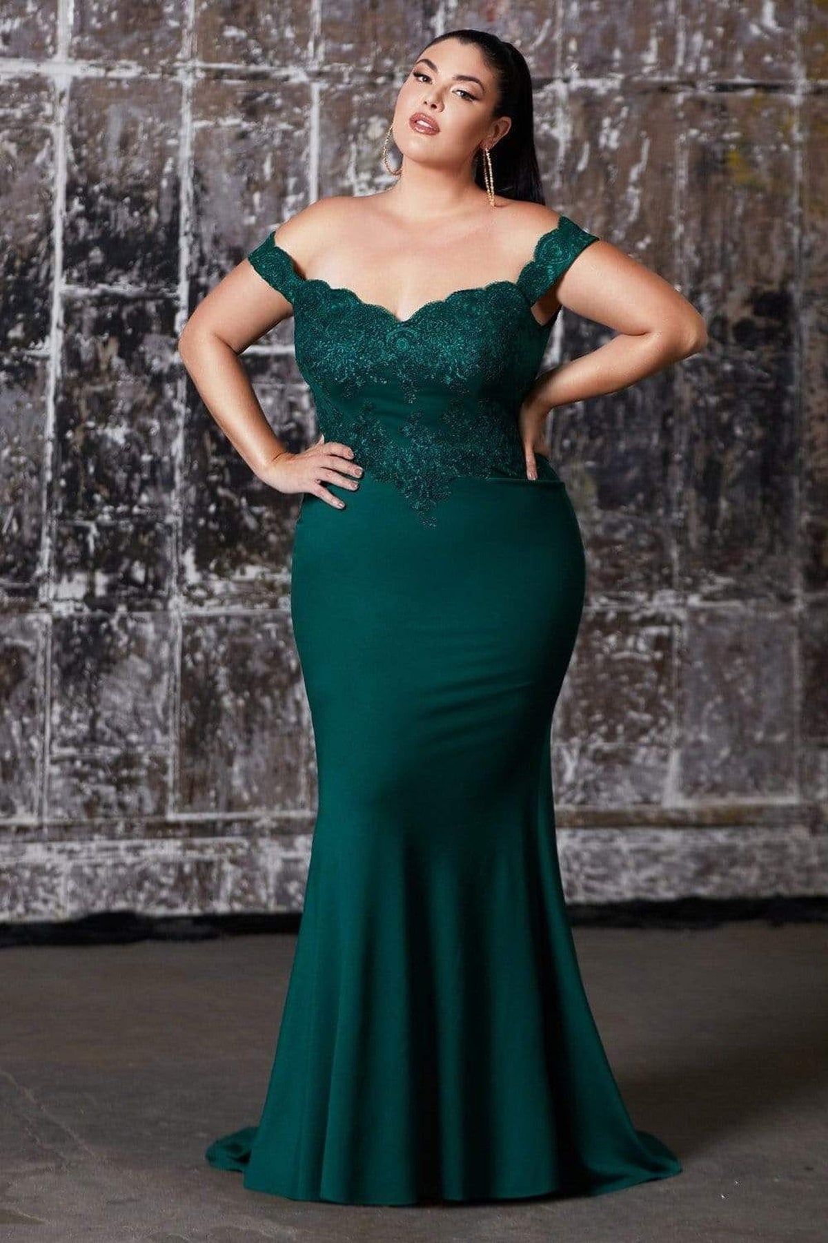 Cinderella Divine - CF158 Off Shoulder Stretch Crepe Satin Gown