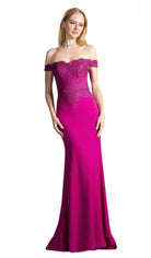 Cinderella Divine - CF158 Off Shoulder Stretch Crepe Satin Gown