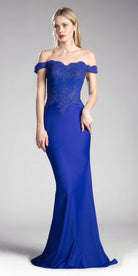 Cinderella Divine - CF158 Off Shoulder Stretch Crepe Satin Gown