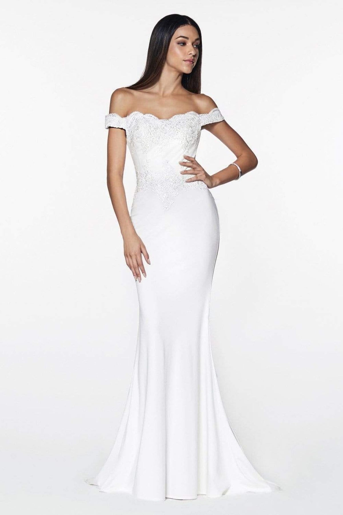 Cinderella Divine - CF158 Off Shoulder Stretch Crepe Satin Gown