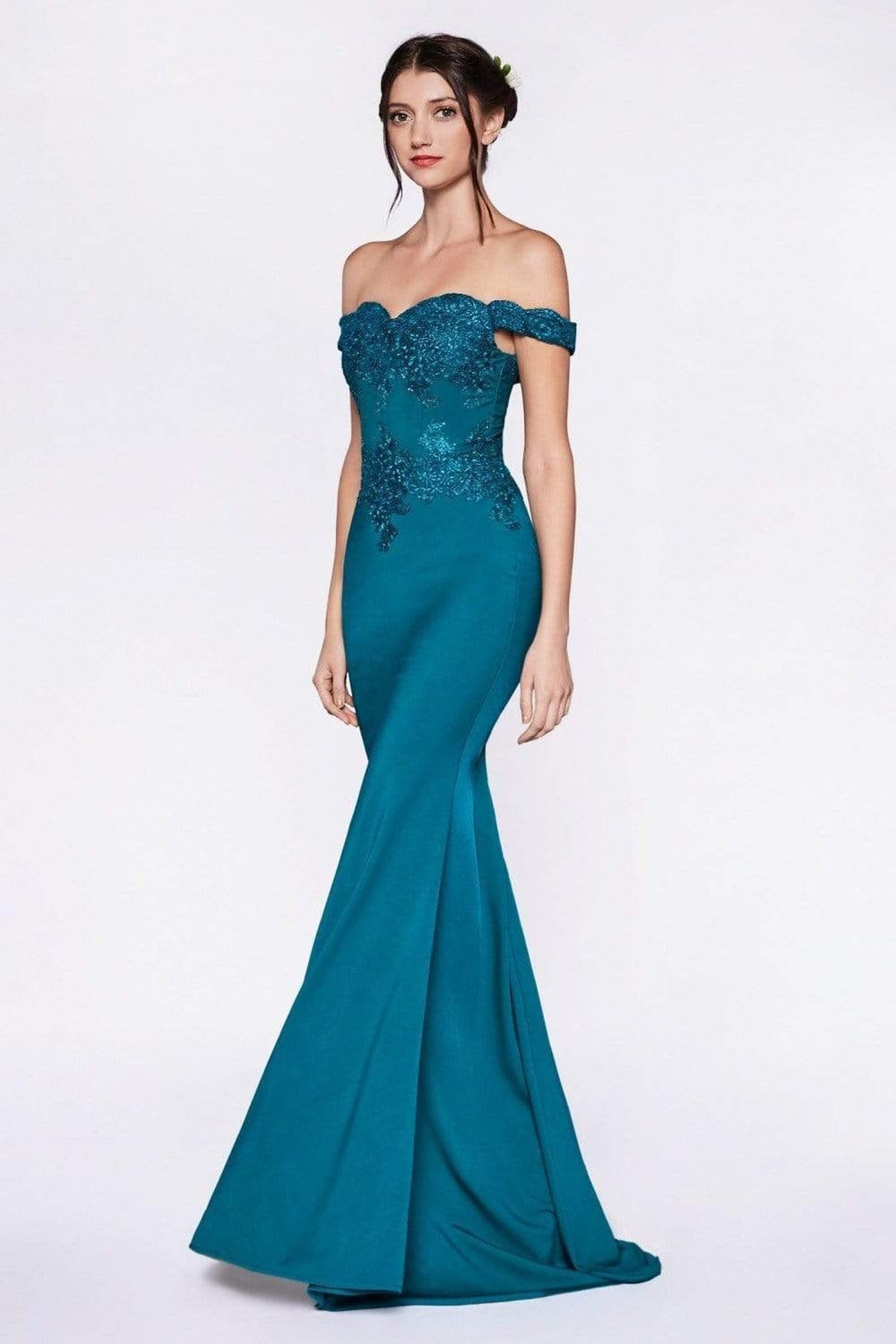Cinderella Divine - CF158 Off Shoulder Stretch Crepe Satin Gown