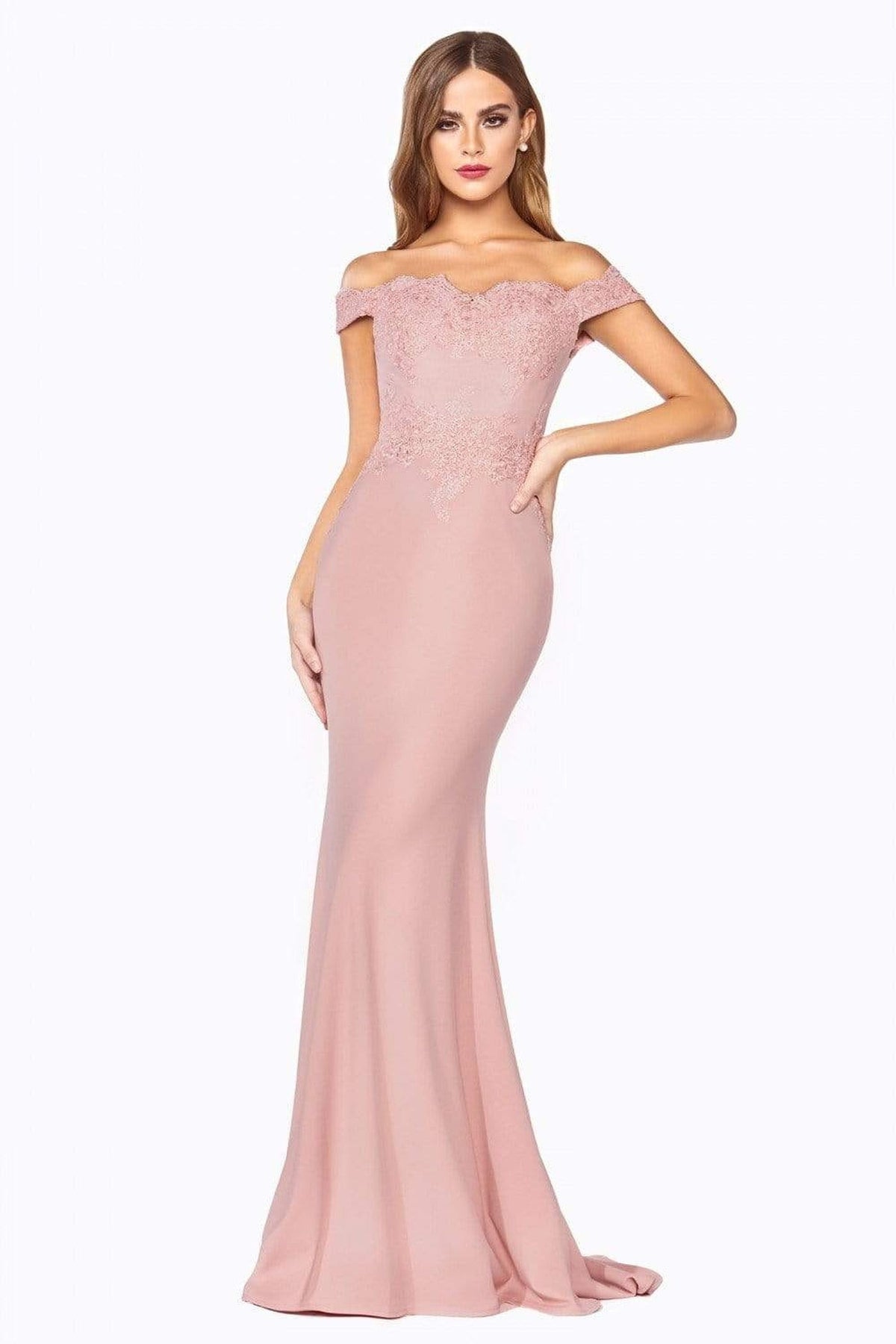 Cinderella Divine - CF158 Off Shoulder Stretch Crepe Satin Gown