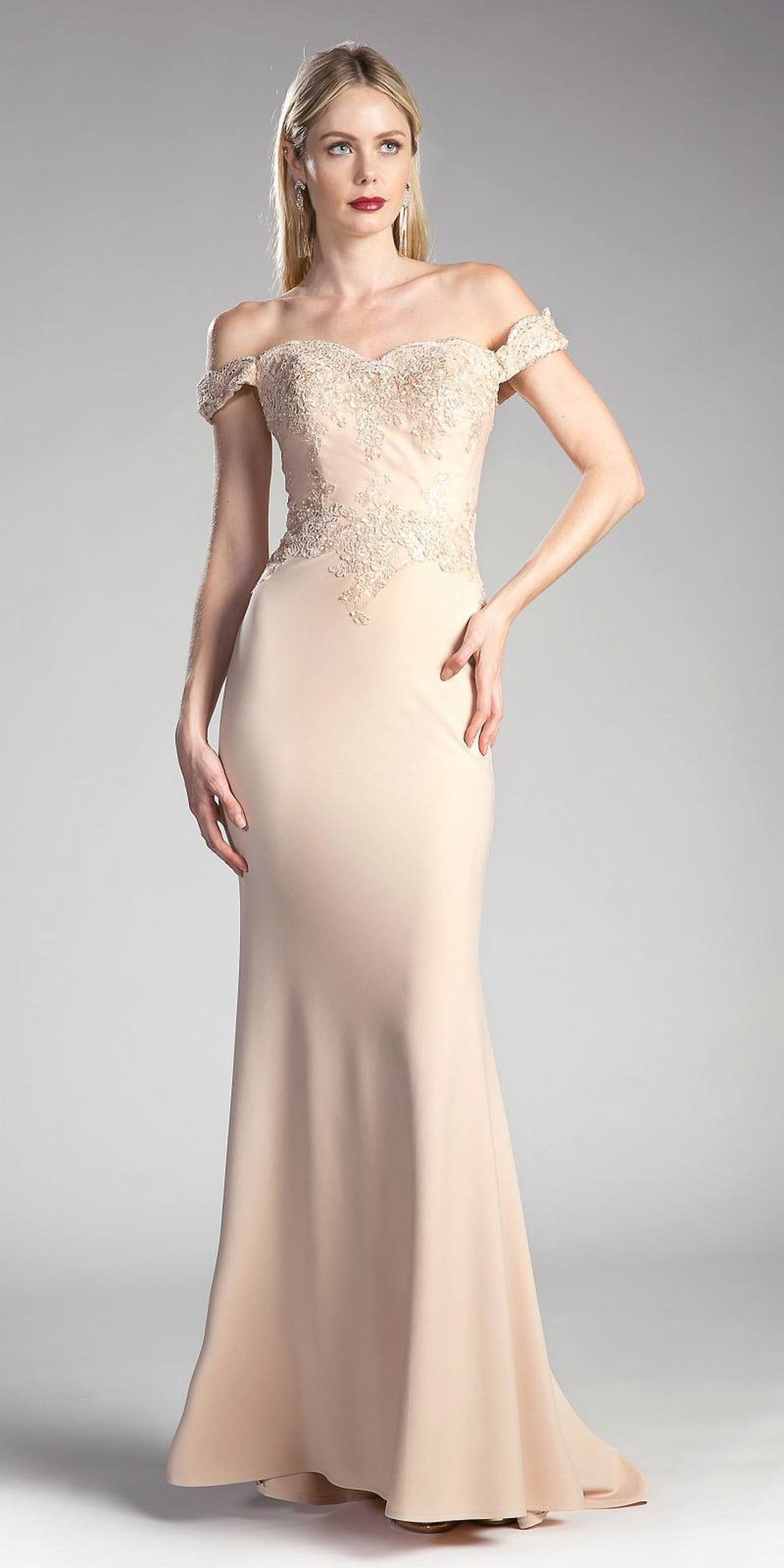 Cinderella Divine - CF158 Off Shoulder Stretch Crepe Satin Gown