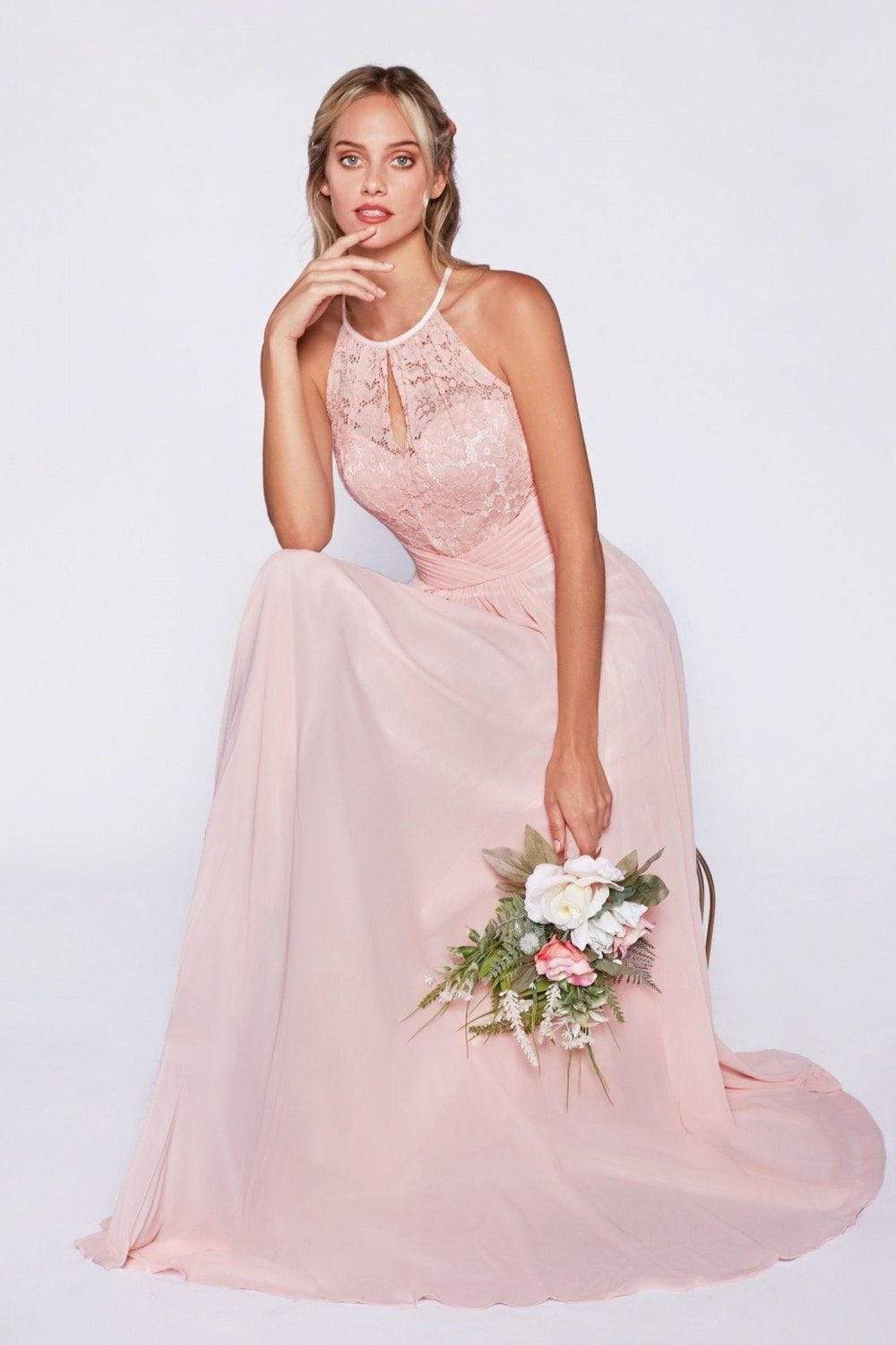 Cinderella Divine - CJ228 High Halter Lace Bodice A-Line Evening Gown