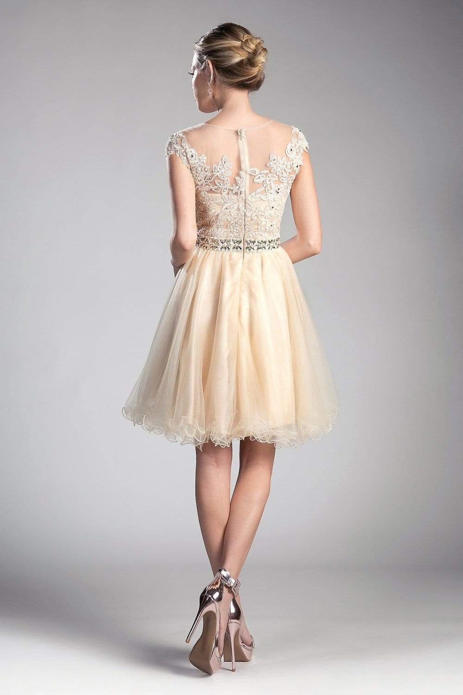 Cinderella Divine - UJ0012 Illusion Shoulders Ruffled Hem Cocktail Dress