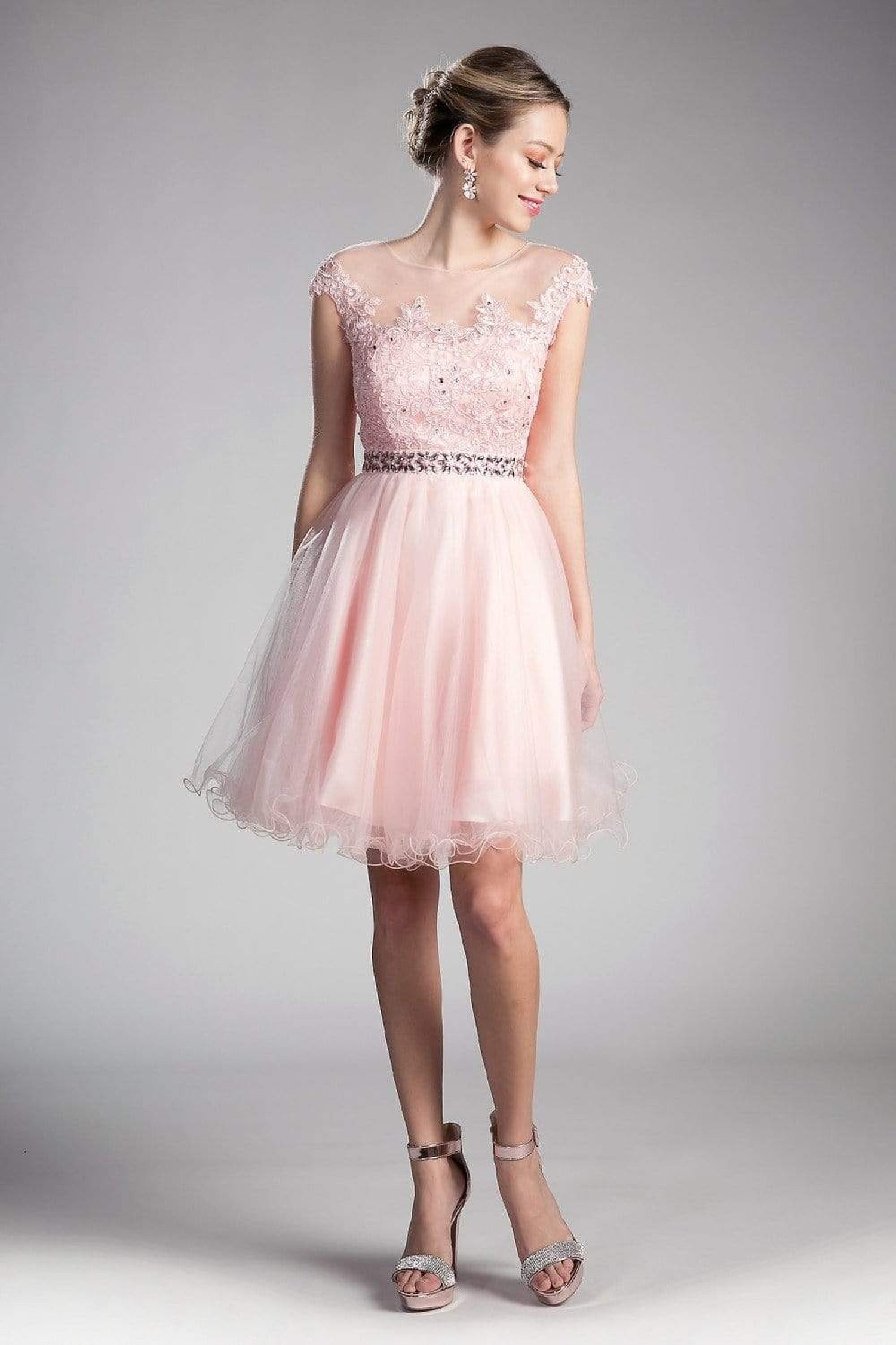 Cinderella Divine - UJ0012 Illusion Shoulders Ruffled Hem Cocktail Dress