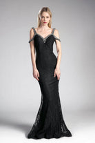 Cinderella Divine 13112A - Embellished Strappy V-neck Lace Fitted Dress - designer prom dress at Silhouette Dresses