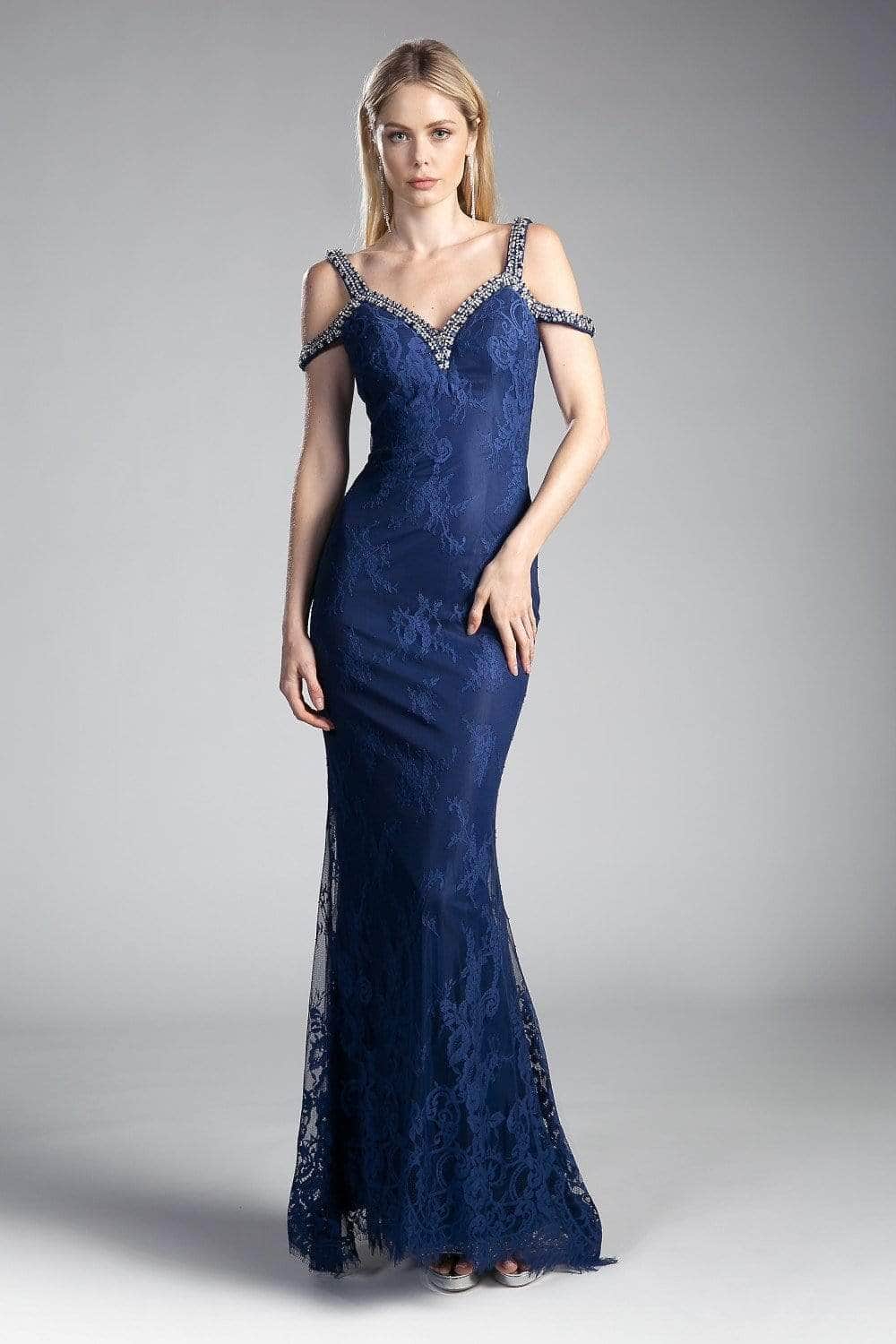 Cinderella Divine 13112A - Embellished Strappy V-neck Lace Fitted Dress - detail view