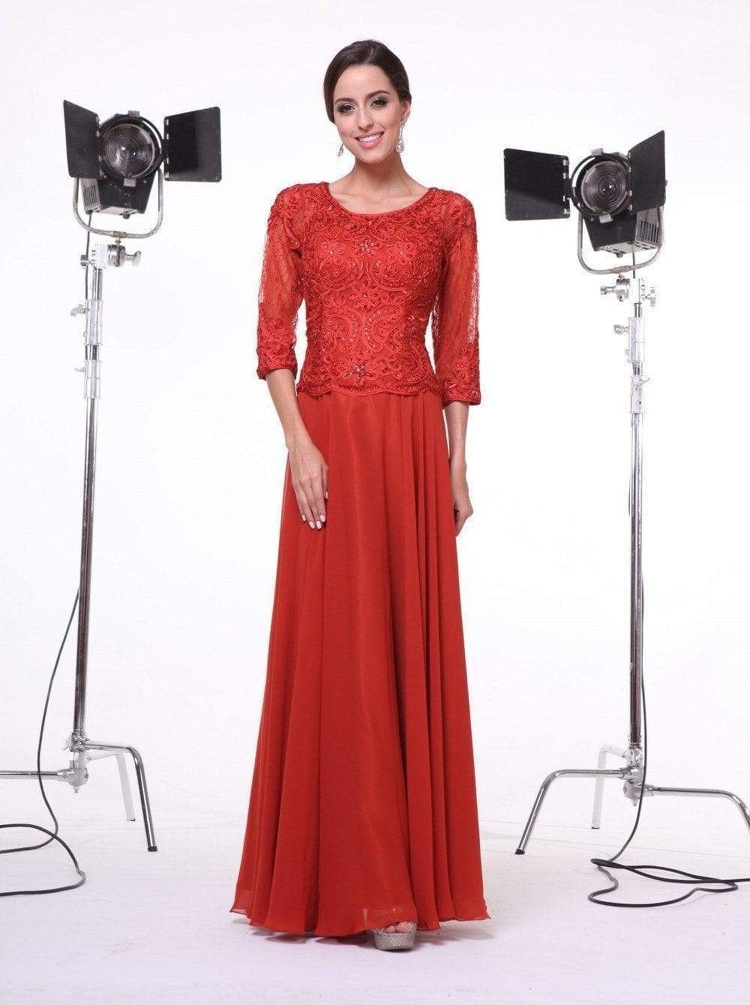 Cinderella Divine - 14327 Quarter Sleeve Soutache Bodice A-Line Long Formal Dress