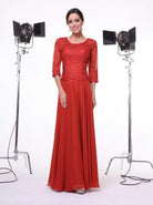 Cinderella Divine - 14327 Quarter Sleeve Soutache Bodice A-Line Long Formal Dress