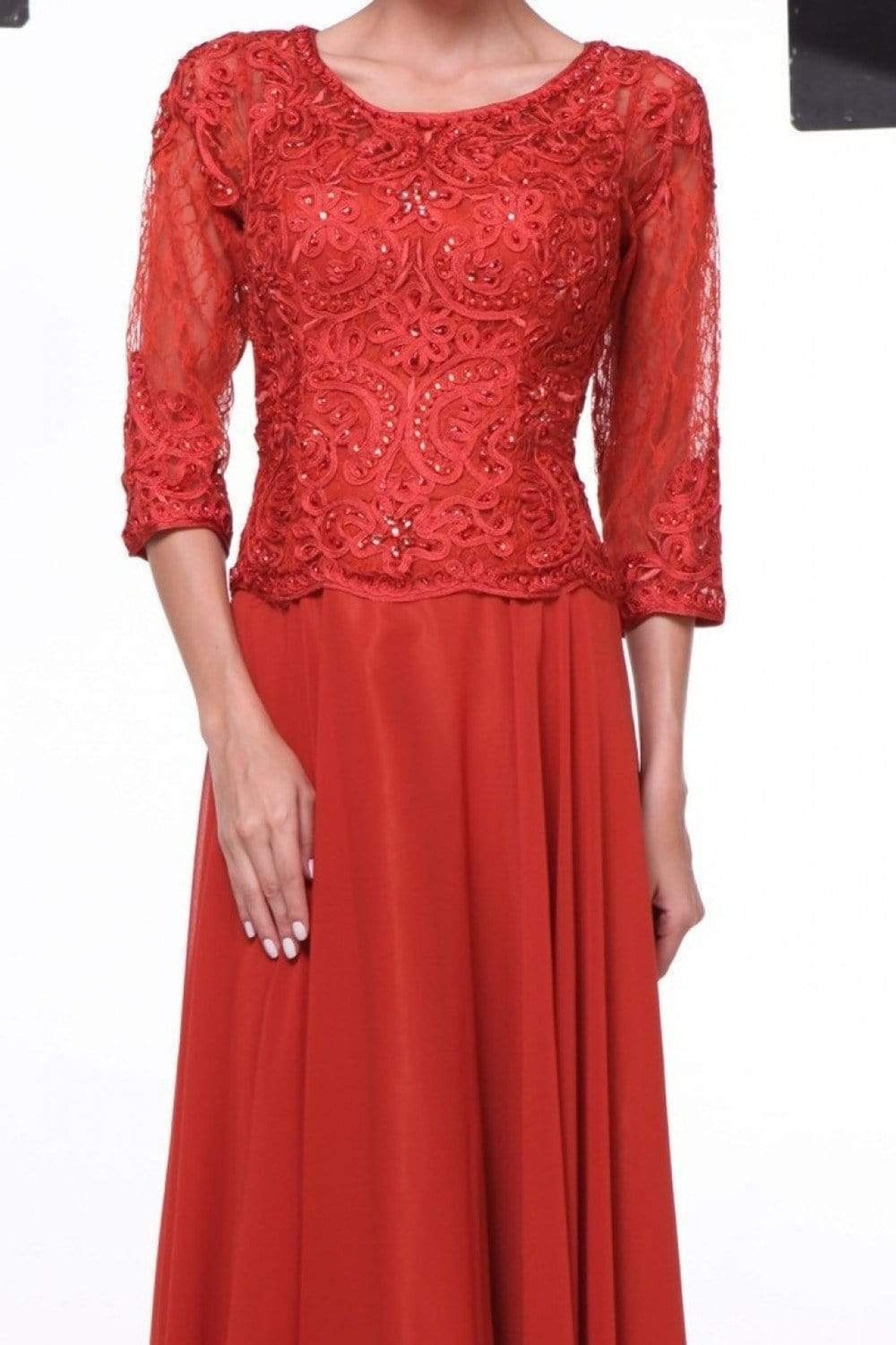 Cinderella Divine - 14327 Quarter Sleeve Soutache Bodice A-Line Long Formal Dress