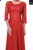Cinderella Divine - 14327 Quarter Sleeve Soutache Bodice A-Line Long Formal Dress