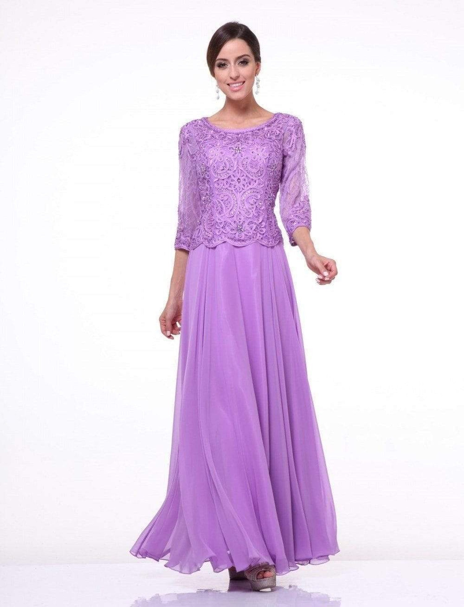 Cinderella Divine - 14327 Quarter Sleeve Soutache Bodice A-Line Long Formal Dress