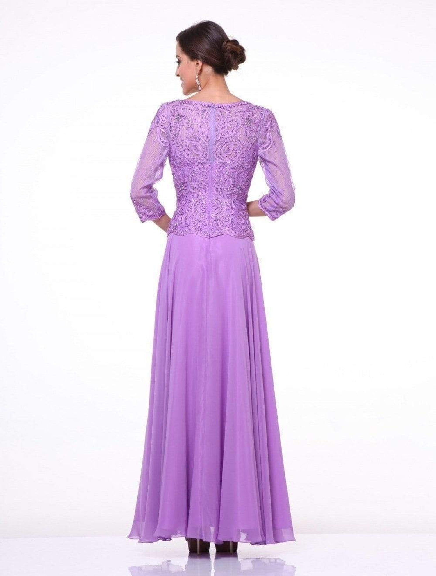 Cinderella Divine - 14327 Quarter Sleeve Soutache Bodice A-Line Long Formal Dress