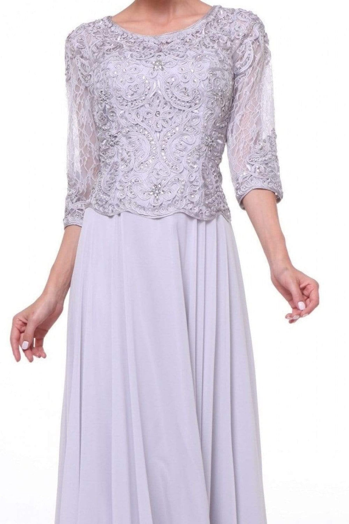Cinderella Divine - 14327 Quarter Sleeve Soutache Bodice A-Line Long Formal Dress