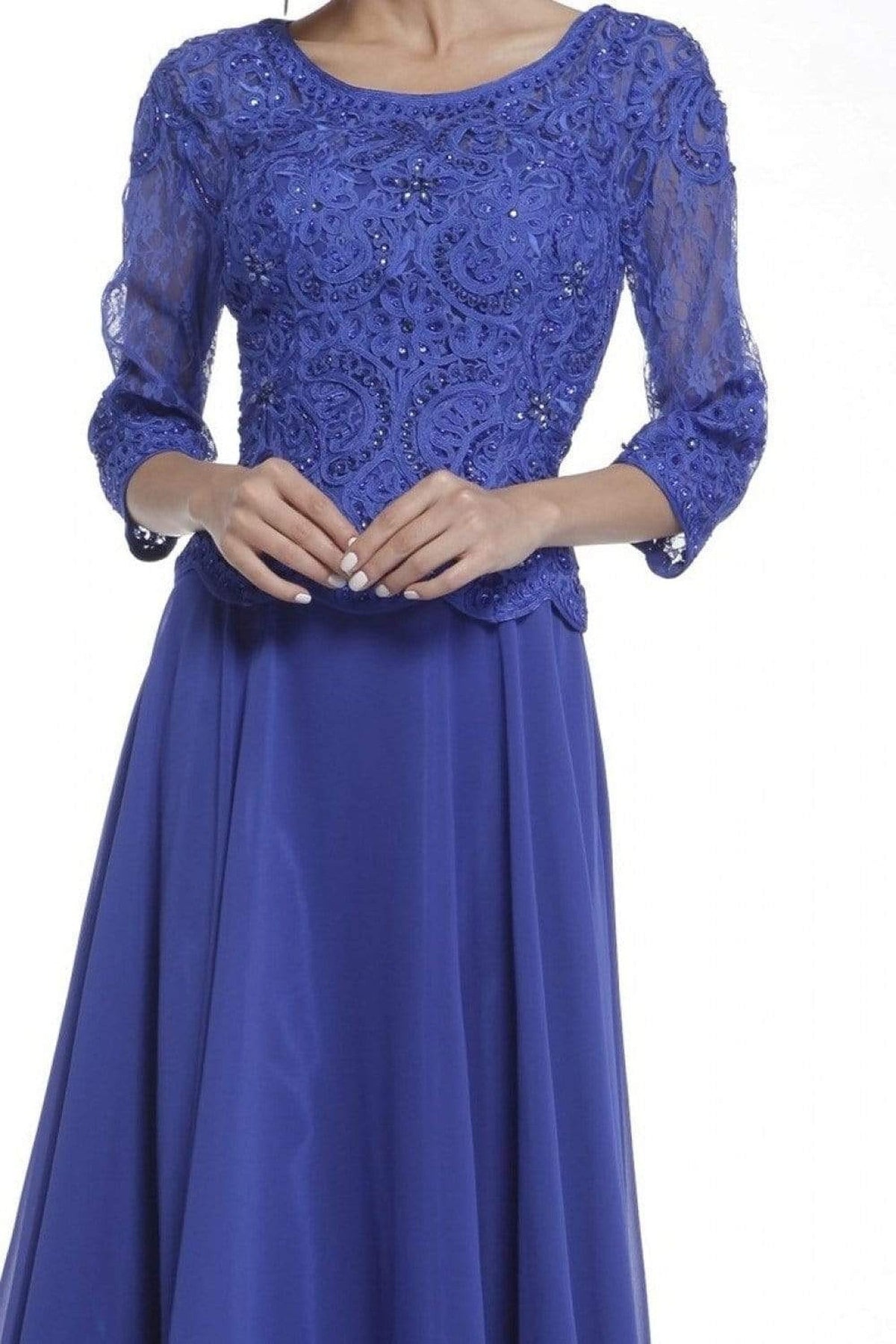 Cinderella Divine - 14327 Quarter Sleeve Soutache Bodice A-Line Long Formal Dress