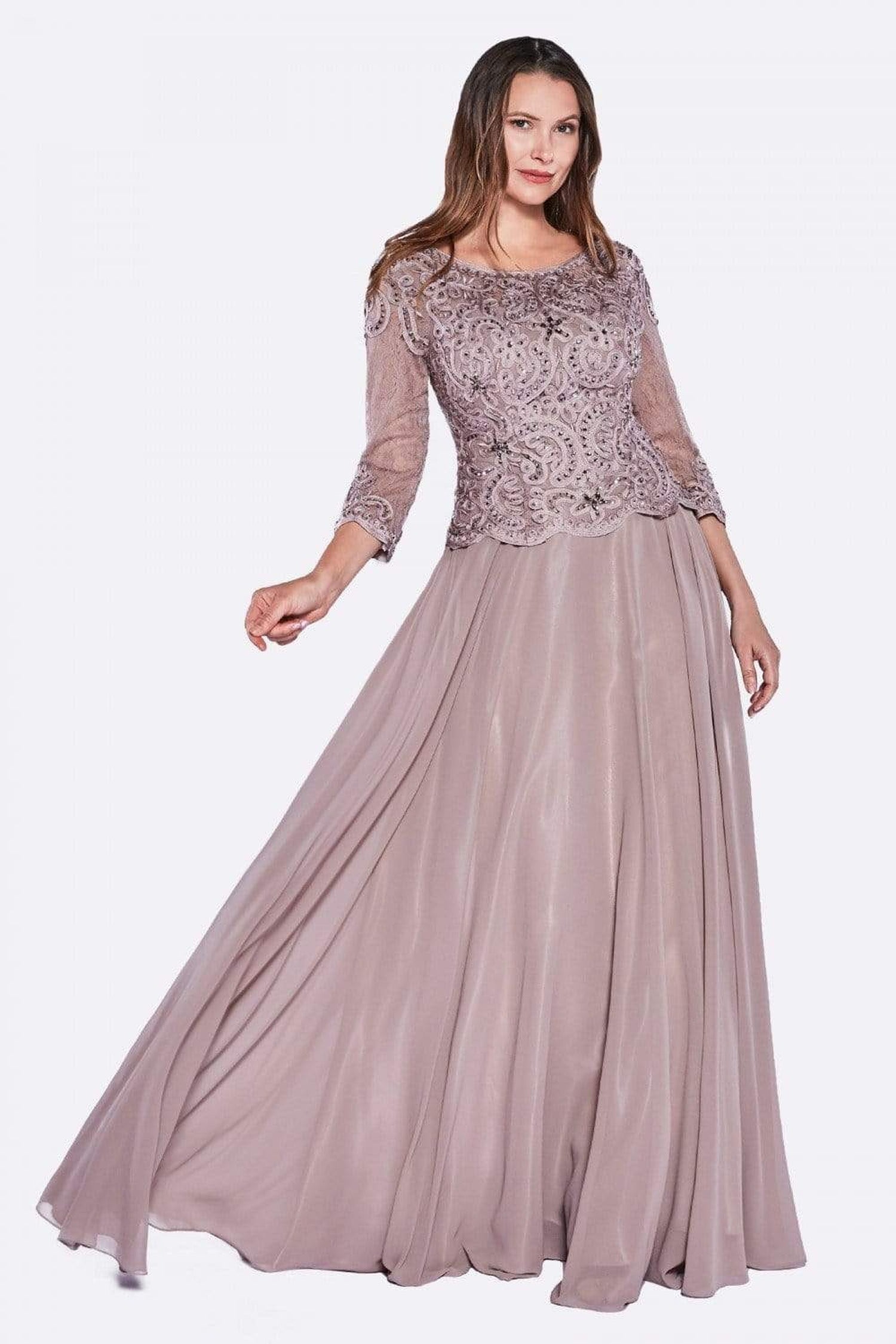 Cinderella Divine - 14327 Quarter Sleeve Soutache Bodice A-Line Long Formal Dress