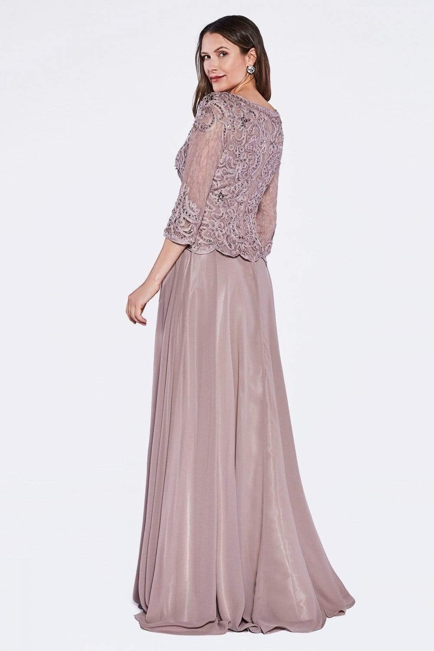 Cinderella Divine - 14327 Quarter Sleeve Soutache Bodice A-Line Long Formal Dress