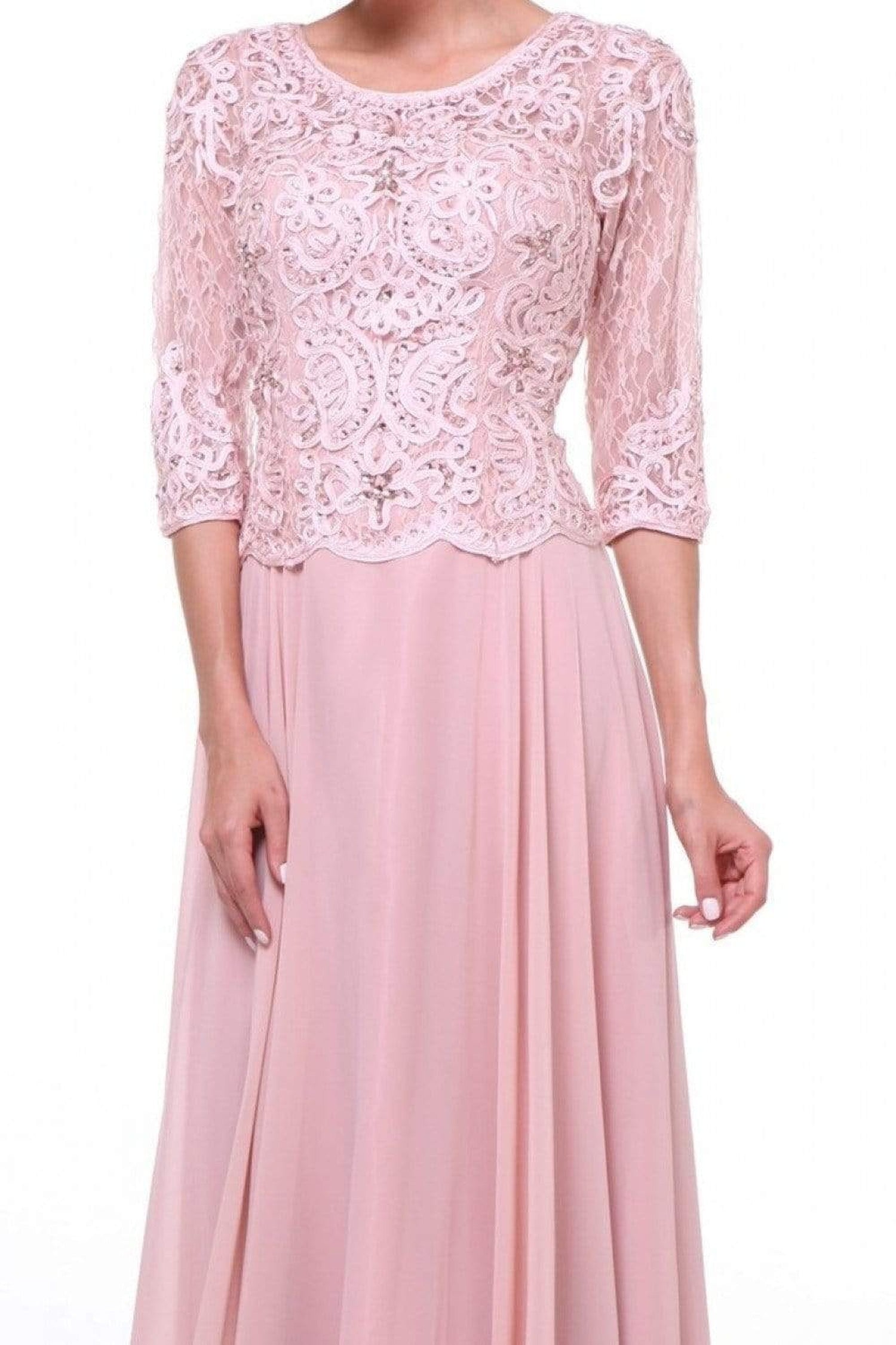 Cinderella Divine - 14327 Quarter Sleeve Soutache Bodice A-Line Long Formal Dress