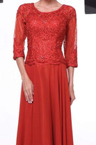 Cinderella Divine - 14327 Quarter Sleeve Soutache Bodice A-Line Long Formal Dress - view 9